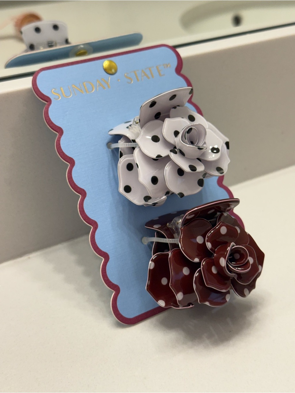 Sunday State Polka Dot Flower Hair Clips - White & Burgundy 🌹NWT🌹